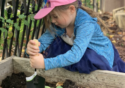kindergarten student digs in garden